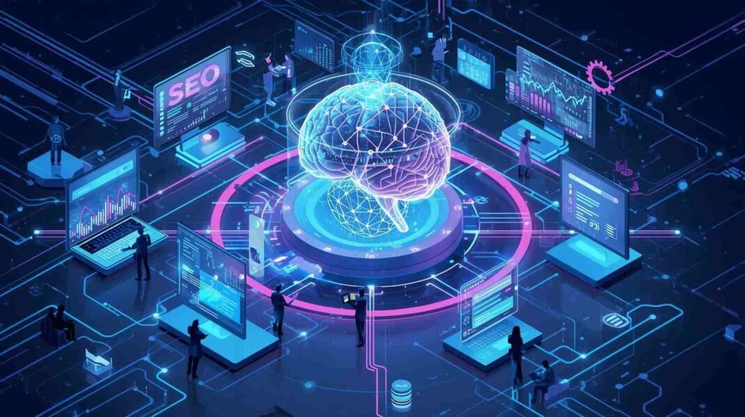 AI-powered search marketing ecosystem showing the convergence of paid search advertising and organic SEO, with unified analytics, search rankings, PPC campaigns, and machine learning-driven optimization.