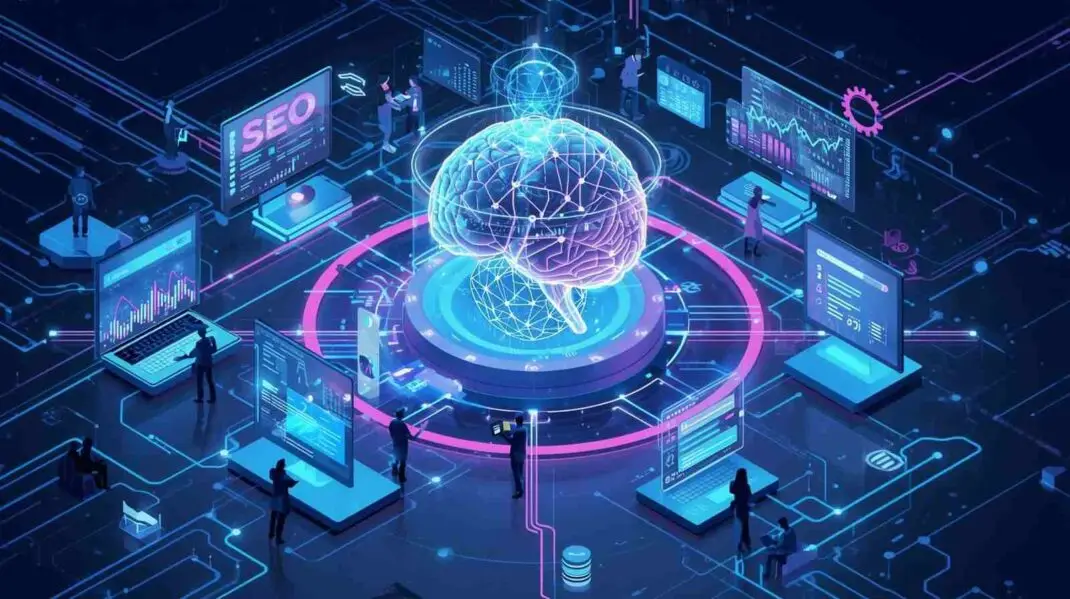 AI-powered search marketing ecosystem showing the convergence of paid search advertising and organic SEO, with unified analytics, search rankings, PPC campaigns, and machine learning-driven optimization.