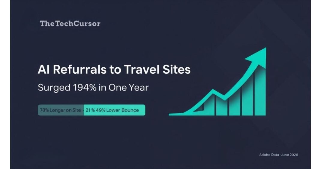 AI referral traffic to travel sites surged 194% in 2026 with visitors spending 70% longer on site per Adobe data