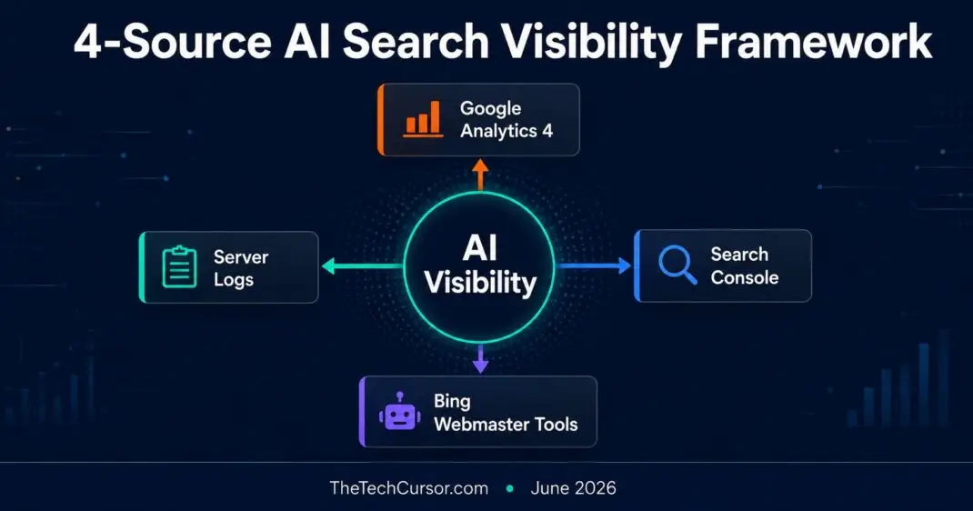 AI search visibility measurement framework showing four data sources GA4 Search Console Bing Webmaster Tools and server logs