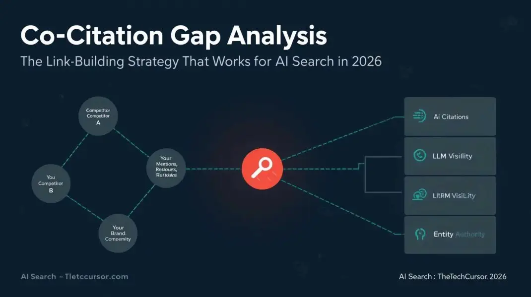 Co-citation gap analysis matrix showing buyer role citation sources and content gaps for AI search link building strategy 2026