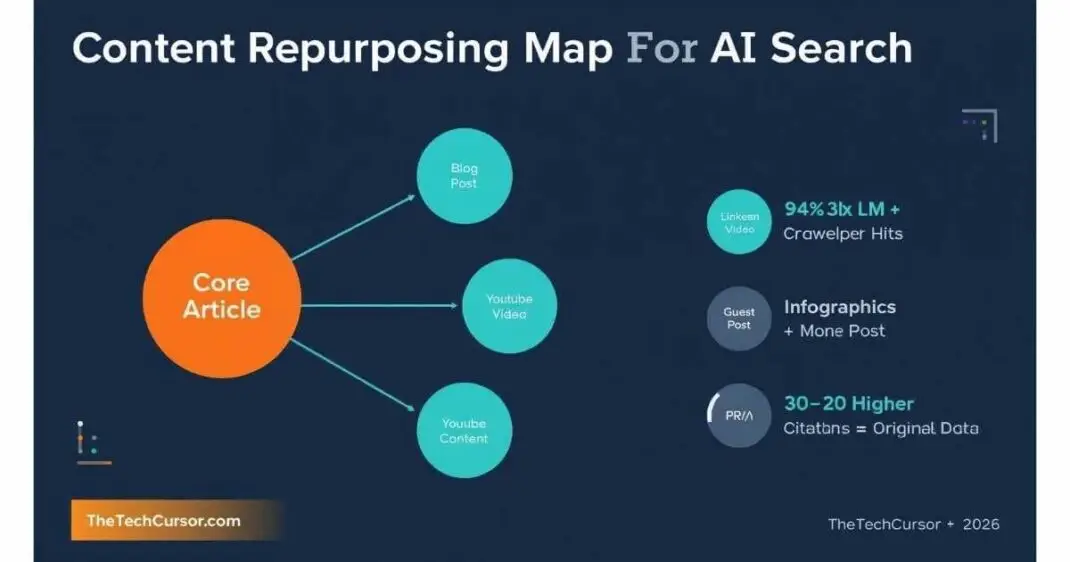 Content repurposing map diagram showing one core blog post expanding into multiple formats for AI search and SEO visibility across platforms