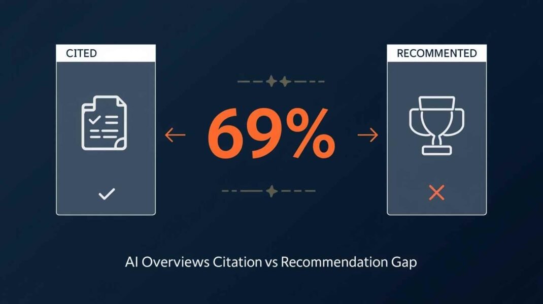 Google AI Overviews citation versus recommendation gap chart showing self-promotional listicles losing to competitors