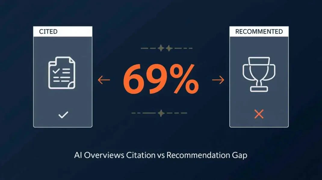 Google AI Overviews citation versus recommendation gap chart showing self-promotional listicles losing to competitors