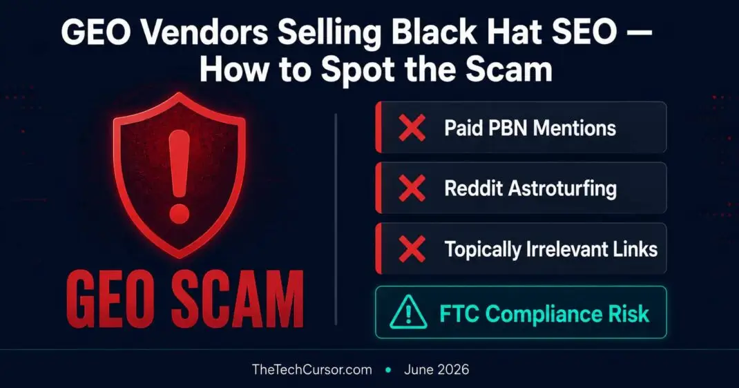 GEO vendor paid brand mention scam warning showing black hat SEO tactics PBN placements and Reddit astroturfing disguised as GEO