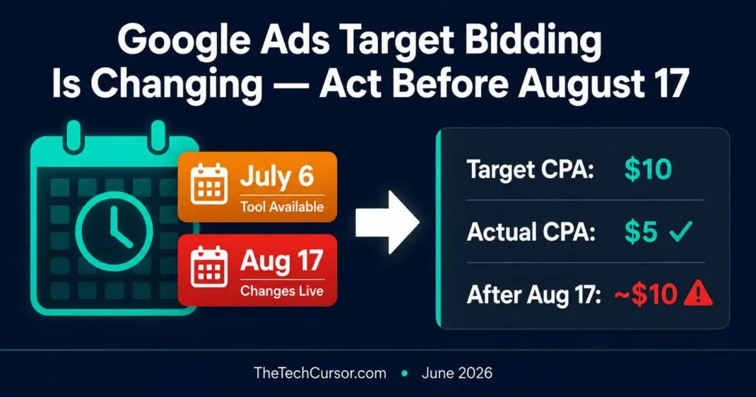 Google Ads target CPA bidding update August 17 2026 showing campaign performance changes and Bid Target Adjustment Tool deadline