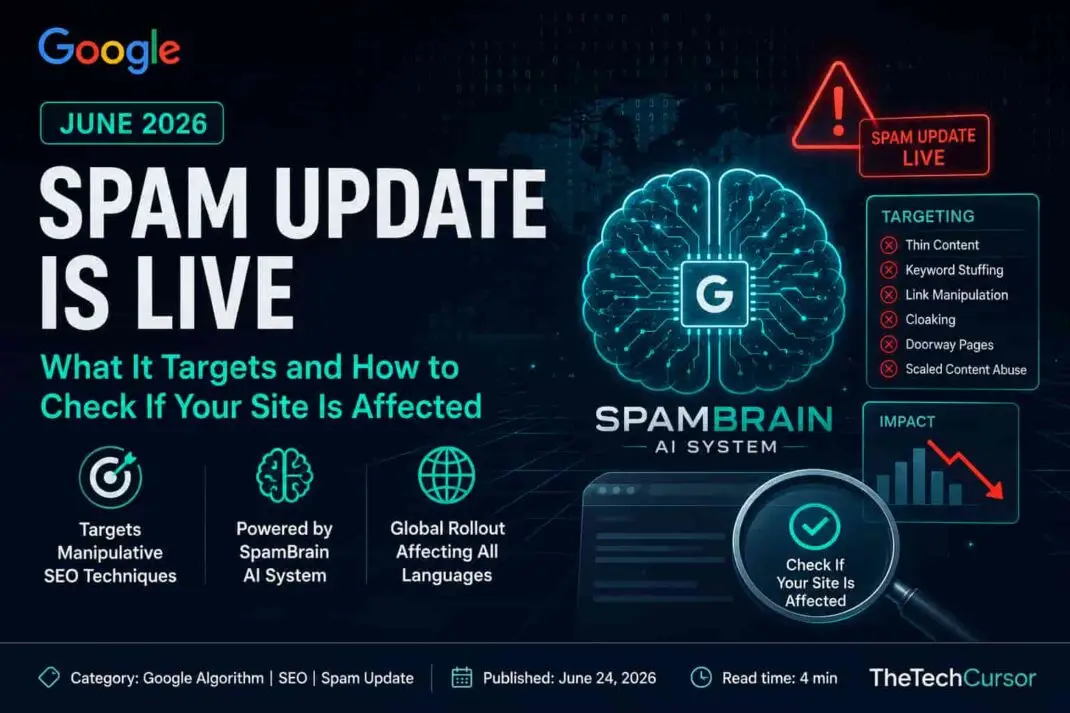 Google June 2026 spam update live announcement showing SpamBrain AI system targeting manipulative SEO techniques globally