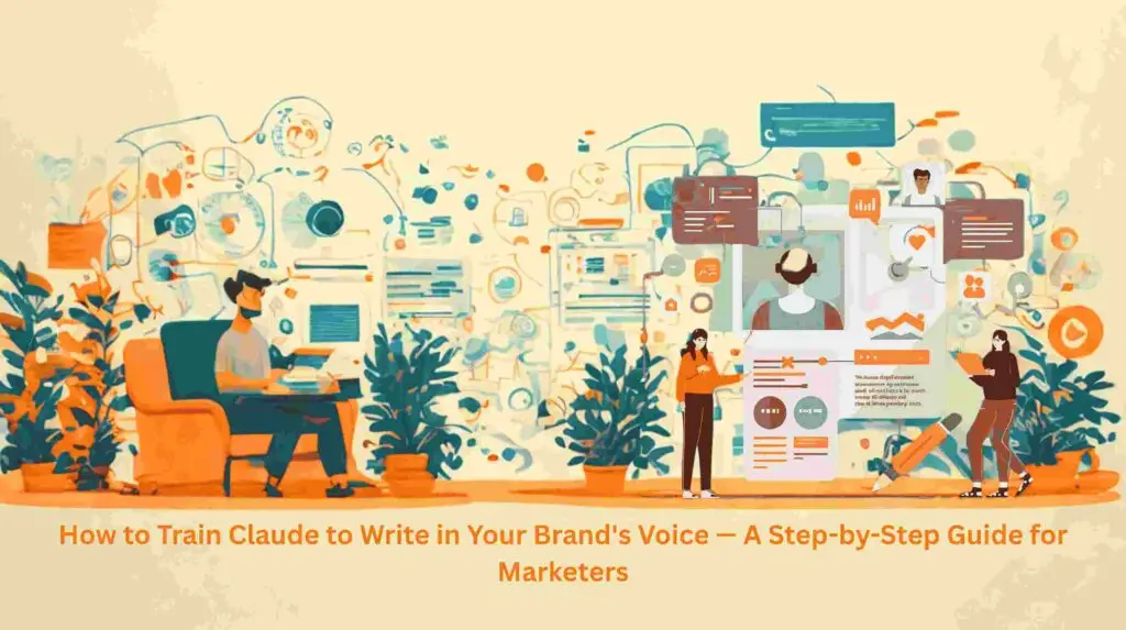Infographic explaining how to train Claude AI to write in your brand's voice, covering brand guidelines, voice examples, content training, feedback, and marketing best practices.