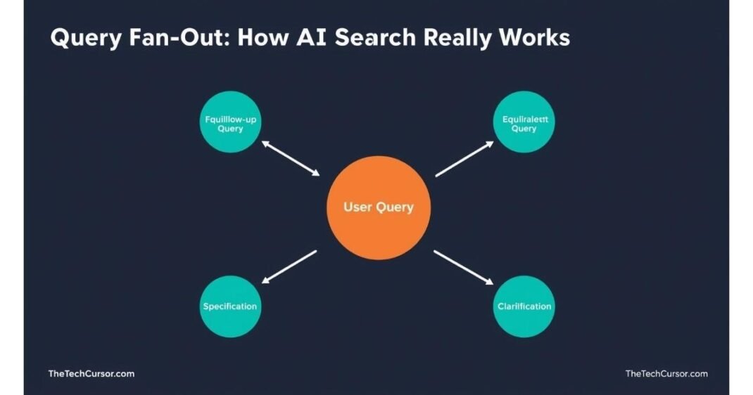 Query fan-out diagram showing one user search query expanding into six AI sub-queries in Google ChatGPT and Perplexity