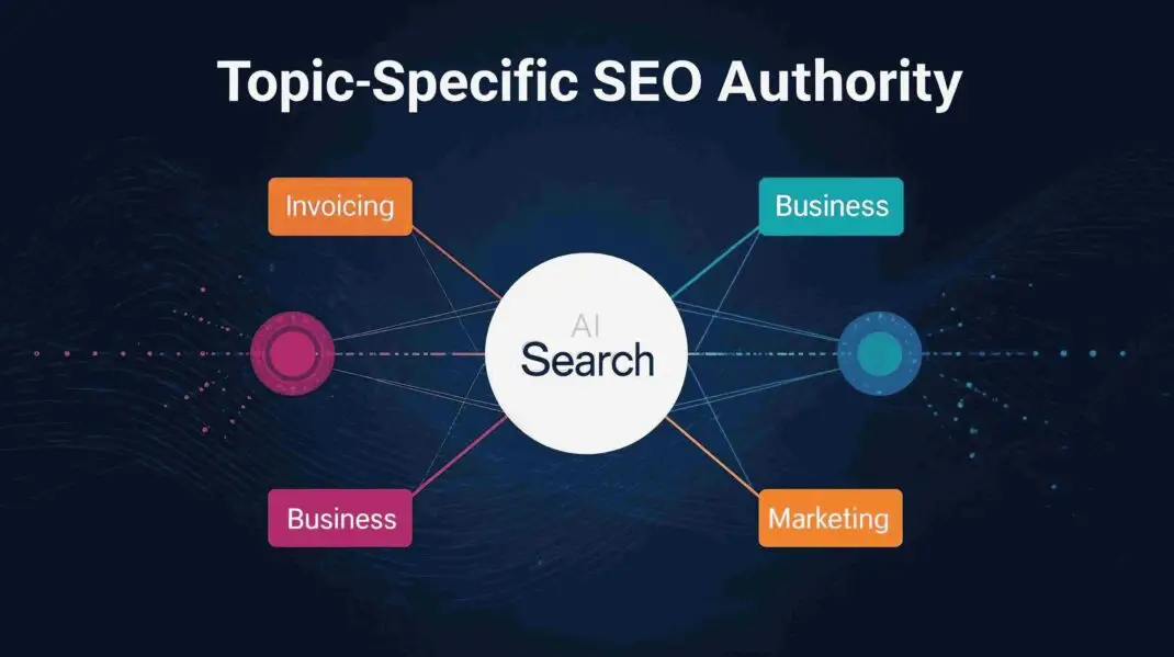 Topic-specific off-page SEO authority strategy diagram showing AI search source trust patterns by topic