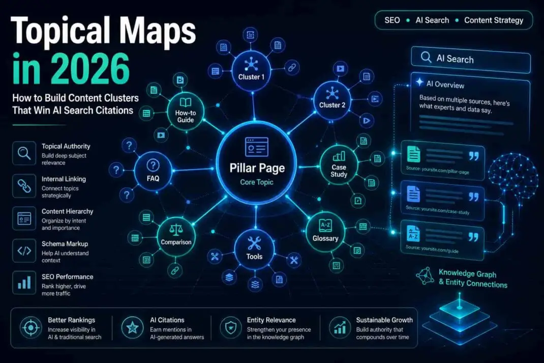 Topical map diagram showing content clusters hub and spoke structure for AI search citations and entity SEO authority building in 2026