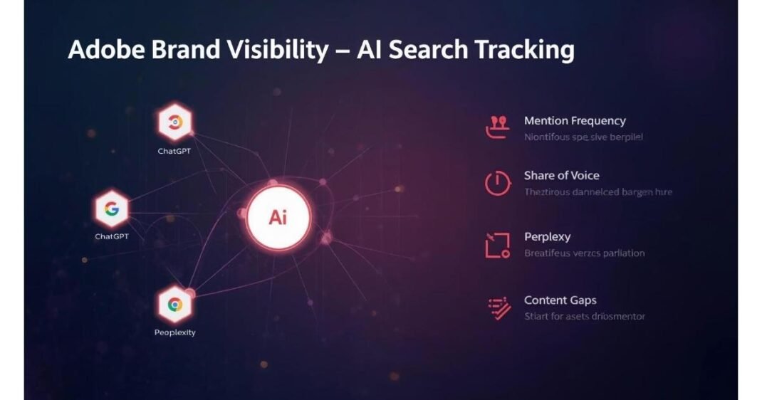 Adobe Brand Visibility tool dashboard showing AI search brand mentions share of voice and content gaps across ChatGPT, Google AI Mode, and Perplexity
