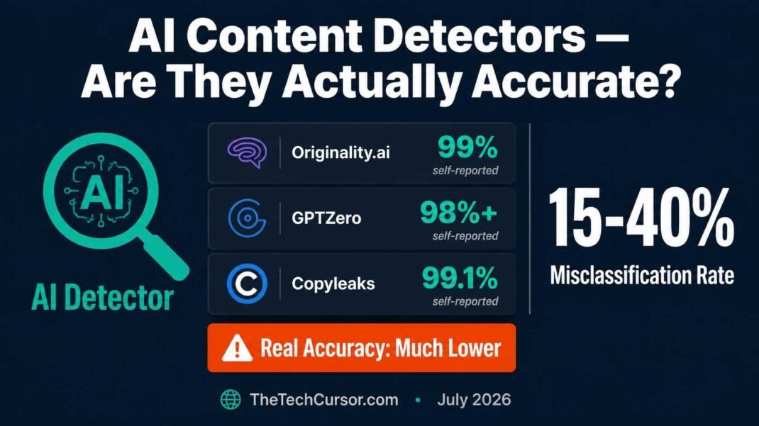 AI content detector accuracy comparison 2026 showing Originality AI GPTZero Copyleaks self-reported versus real misclassification rates