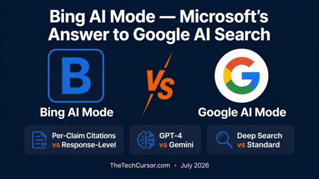 Bing AI Mode versus Google AI Mode comparison showing Microsoft generative search experience features citations and Deep Search capabilities 2026