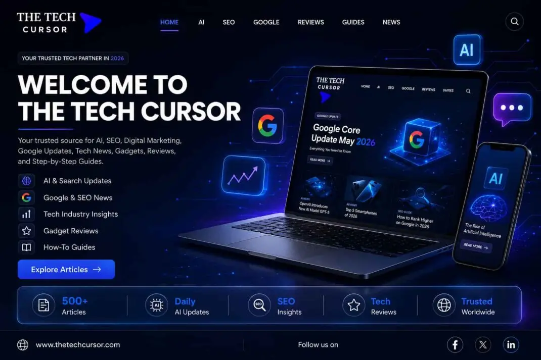 The Tech Cursor homepage hero banner showcasing AI, SEO, Google updates, tech news, reviews, and digital marketing in a futuristic 2026 design