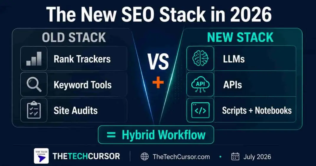 New SEO stack 2026 diagram comparing old rank trackers keyword tools and site audit tools with new LLMs APIs Python scripts and notebook workflows for AI search optimization