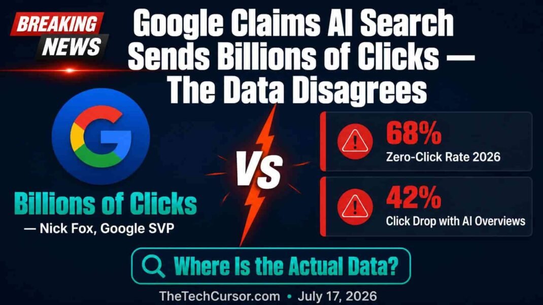 Google AI search clicks controversy showing Nick Fox billions of clicks claim versus zero click study 68 percent and AI Overviews 42 percent click reduction research data 2026