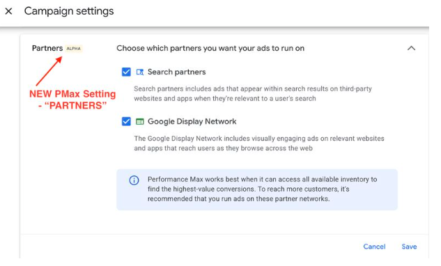 Google Performance Max Partners Alpha setting showing new Search Partners and Google Display Network toggle controls for advertisers 2026