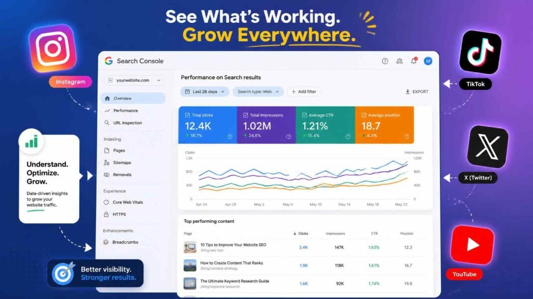 Google Search Console platform properties dashboard showing Instagram TikTok X and YouTube social video content performance in Google Search with clicks impressions and query data
