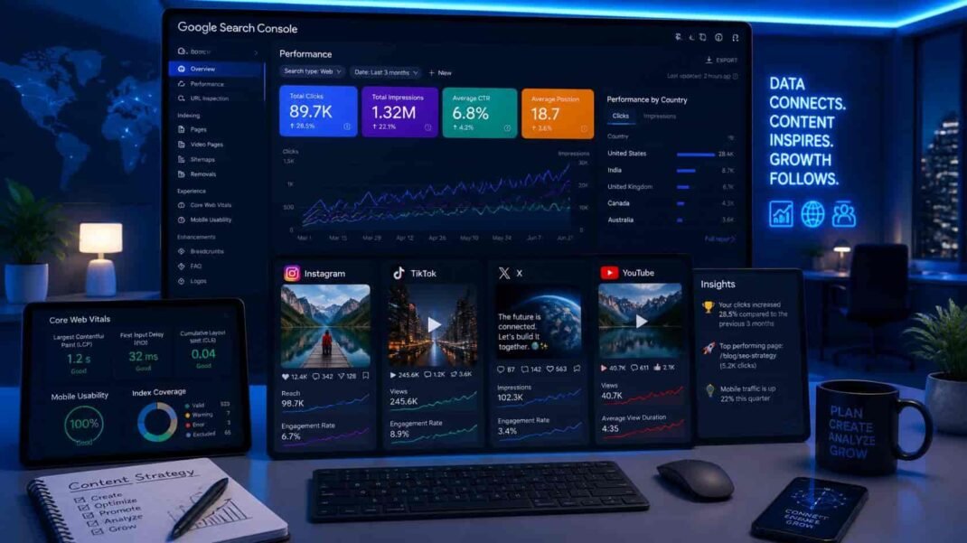 Google Search Console platform properties dashboard showing Instagram TikTok X and YouTube social video content performance in Google Search with clicks impressions and query data