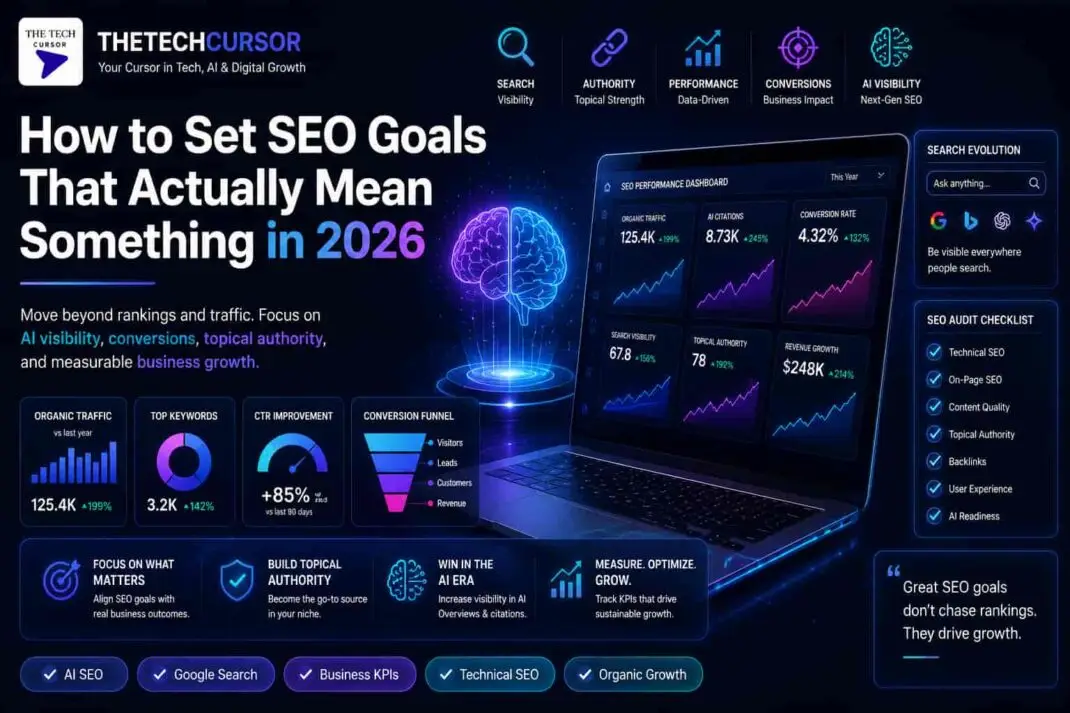 SEO goal-setting framework diagram for 2026 showing business outcome alignment, AI search visibility tracking, and SMART metric structure across organic and AI-native platforms