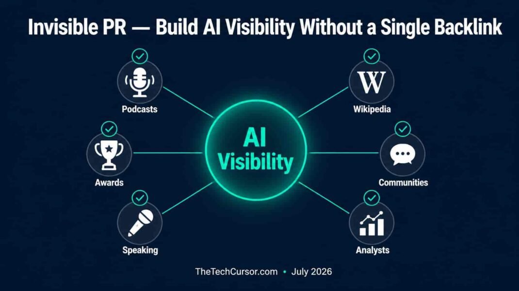 Invisible PR strategy showing six tactics podcasts awards speaking Wikipedia community and analyst coverage for building AI search visibility without backlinks 2026