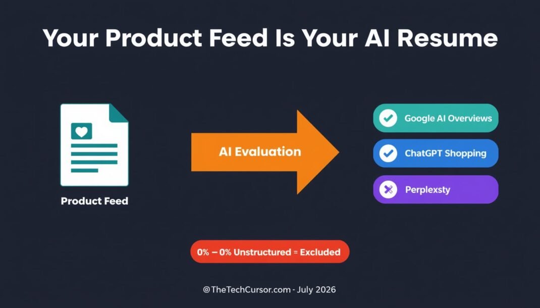 Product feed AI resume diagram showing how structured product data determines recommendations in ChatGPT Google AI Overviews and AI shopping surfaces 2026