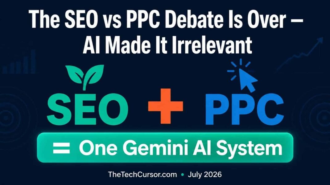 SEO plus PPC integration diagram showing how Google Gemini AI unified system makes the SEO versus PPC debate irrelevant in 2026 digital marketing strategy