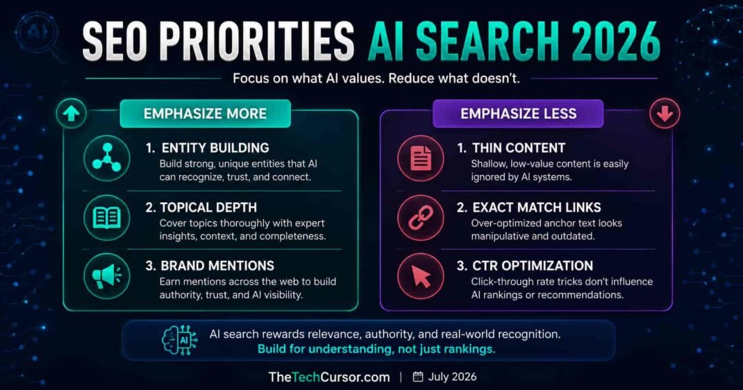 SEO priorities AI search 2026 showing three priorities to emphasize more entity building topical depth brand mentions and three to emphasize less thin content exact match links CTR optimization