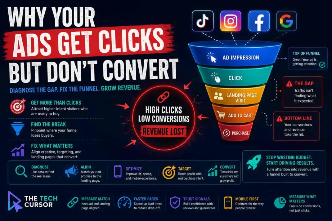 Paid ads diagnostic framework diagram showing the gap between ad click and conversion with funnel breakdown stages including message match, landing page, offer clarity, and audience intent