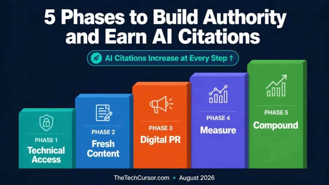 Five phase AI citation authority building framework showing technical accessibility fresh content digital PR measurement and compounding optimization for AI search visibility 2026