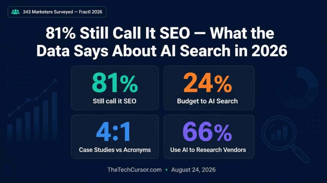 Fractl survey of 343 marketing decision-makers showing 81 percent still call AI search optimization SEO, 24 percent budget allocation, and case studies beating acronyms 4 to 1 in 2026