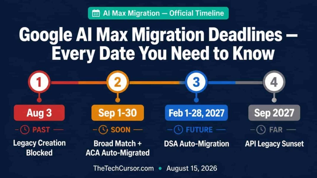 Google AI Max migration timeline showing August 3 legacy campaign block September 2026 automatic migration and February 2027 Dynamic Search Ads deadline for advertisers