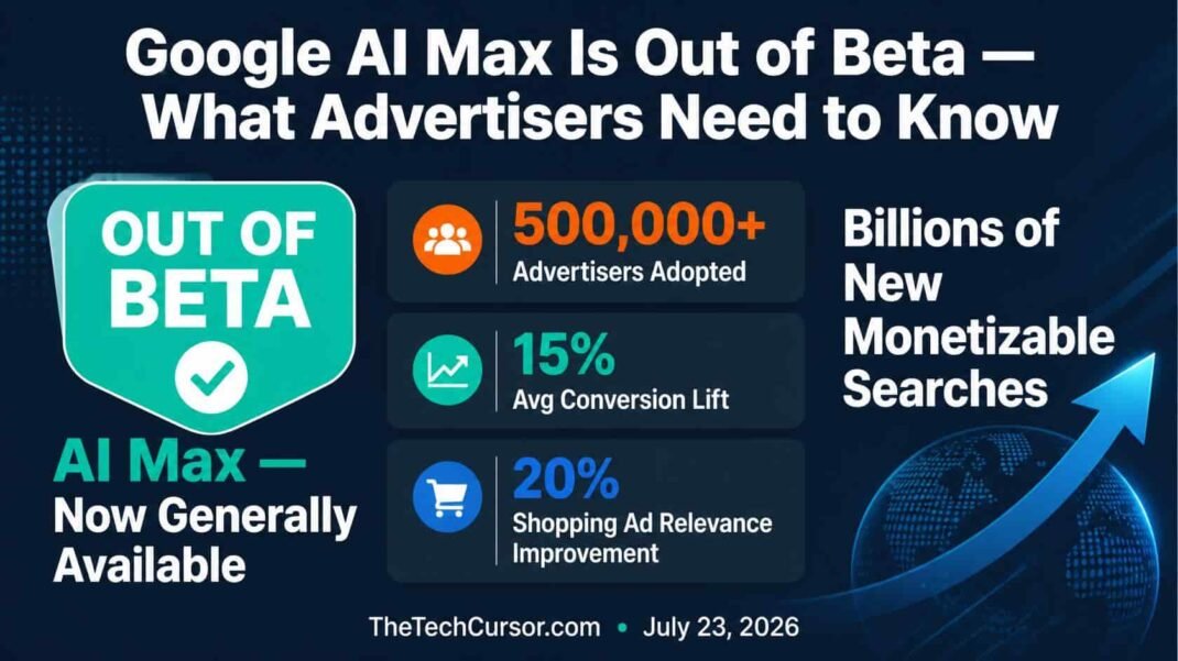 Google AI Max out of beta showing 500000 advertisers 15 percent conversion lift and billions of new monetizable searches from Alphabet Q2 2026 earnings announcement