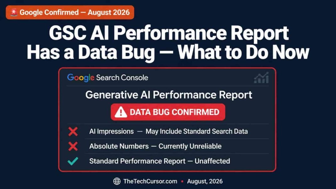 Google Search Console Generative AI Performance Report data bug showing in-search data inclusion error affecting AI Overview and AI Mode impression metrics for site owners August 2026