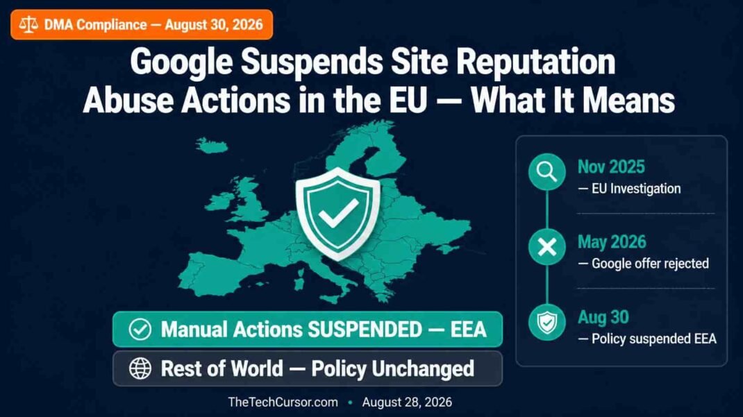 Google site reputation abuse policy suspended in the European Economic Area EEA from August 30 2026, showing DMA compliance change for EU publishers and parasite SEO implications worldwide