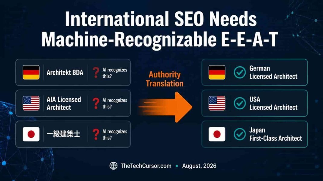 International SEO authority translation framework showing local credentials like German BDA French Ordre and Japanese architect license made machine recognizable for AI search in 2026