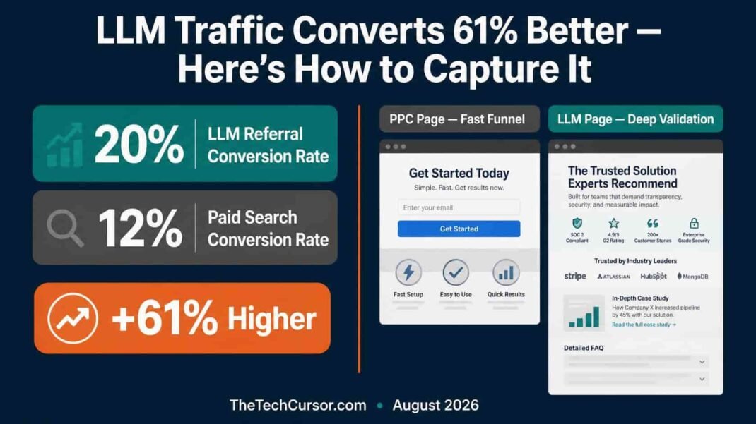 LLM referral traffic conversion rate comparison showing 20 percent AI search versus 12 percent paid search with landing page strategy differences for converting AI referred visitors 2026