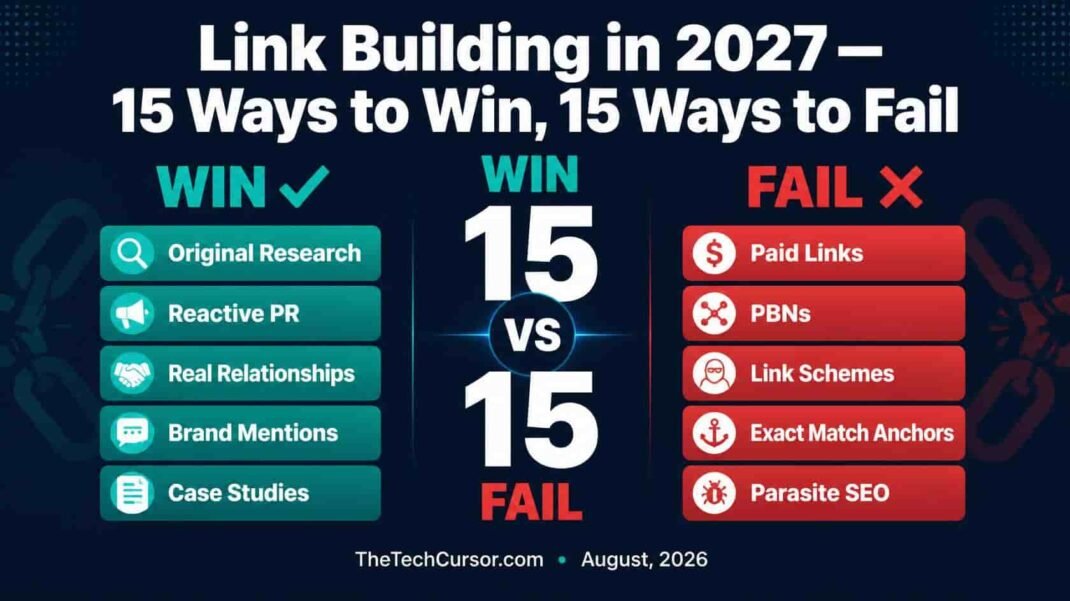 Link building 2027 complete guide showing 15 winning strategies and 15 failing tactics for earning earned authority versus spam recycled ideas and pitches destined for trash