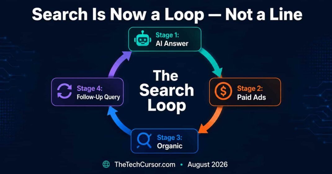 New search journey four stage loop diagram showing AI Overview consideration set paid ads organic reinforcement and follow-up queries for SEO PPC strategy 2026
