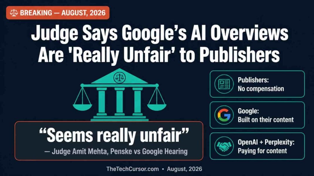 Penske versus Google antitrust lawsuit hearing showing Judge Amit Mehta comments on AI Overviews seeming really unfair to publishers using content without payment, August 2026