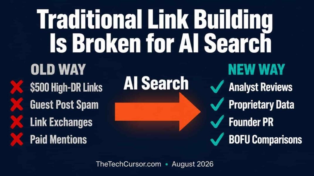 Traditional link building versus AI search authority diagram showing why high DR links paid mentions and link exchanges fail AI systems and what builds real credibility instead