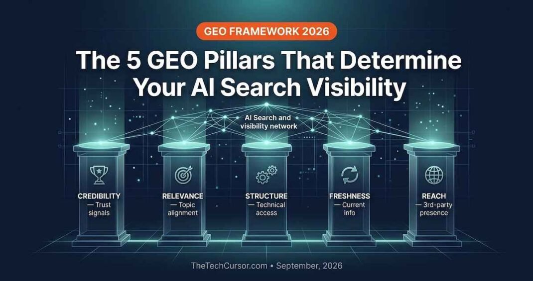 GEO pillars framework diagram showing five generative engine optimization pillars credibility relevance structure freshness and reach for AI search visibility in 2026