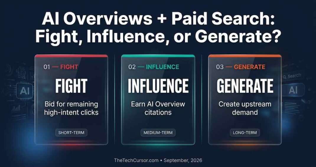 AI Overviews paid search strategy framework showing three approaches fight bid against AI influence earn citations, generate new demand for brand visibility in 2026