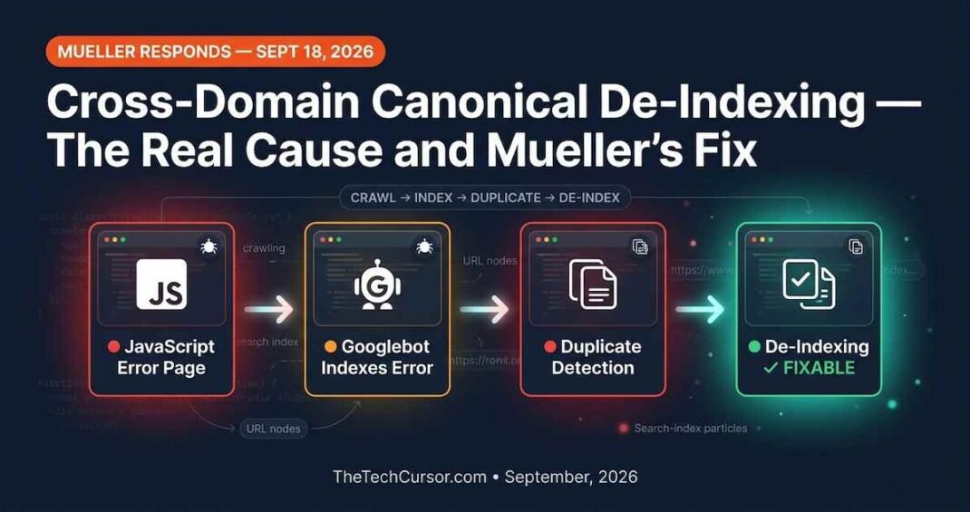 Cross-domain canonical de-indexing explained showing JavaScript error page duplicate detection flow with Google Mueller response and automated testing prevention advice September 2026