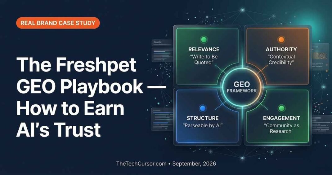 Freshpet GEO AI visibility playbook four pillar framework showing relevance authority structure and engagement strategy for generative engine optimization and AI search citations 2026
