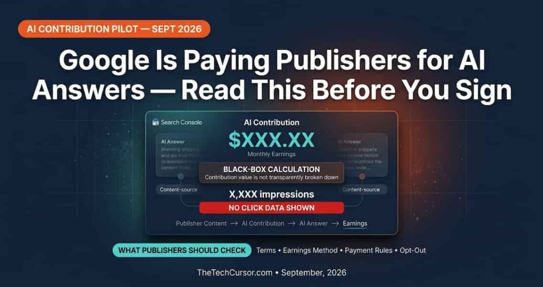 Google AI payment pilot for publishers showing Search Console earnings panel with black box contribution calculation and bargaining position risks for content contributing to AI answers September 2026