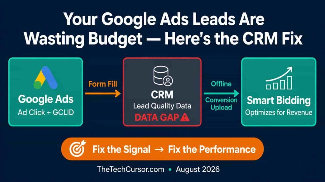 Google Ads lead quality improvement framework showing CRM data connection, GCLID offline conversion tracking, and Smart Bidding optimization for B2B lead generation campaigns 2026