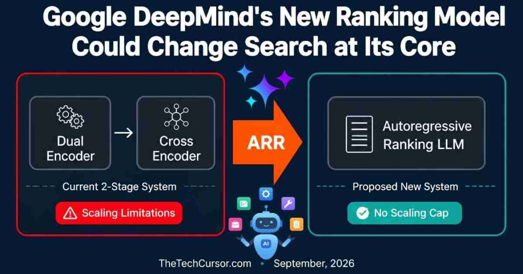 Google DeepMind Autoregressive Ranking model diagram replacing dual encoder cross encoder two stage system with single LLM for search ranking September 2026