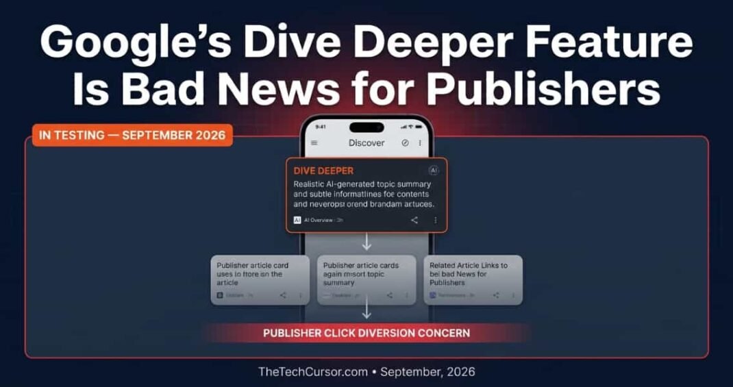 Google Dive Deeper feature for Google Discover showing AI generated topic summaries reducing publisher click through rates and Discover traffic September 2026
